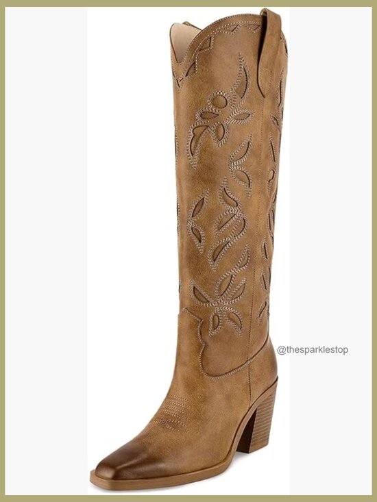 Shoes - Knee High Cowboy Cowgirl Boots with Chunky Heel, Pull On Tab, Square Toe
